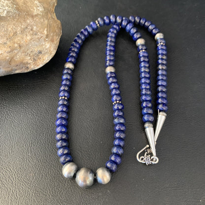 Mens Blue Lapis Lazuli Navajo Pearls Sterling Silver Necklace 24” 13956