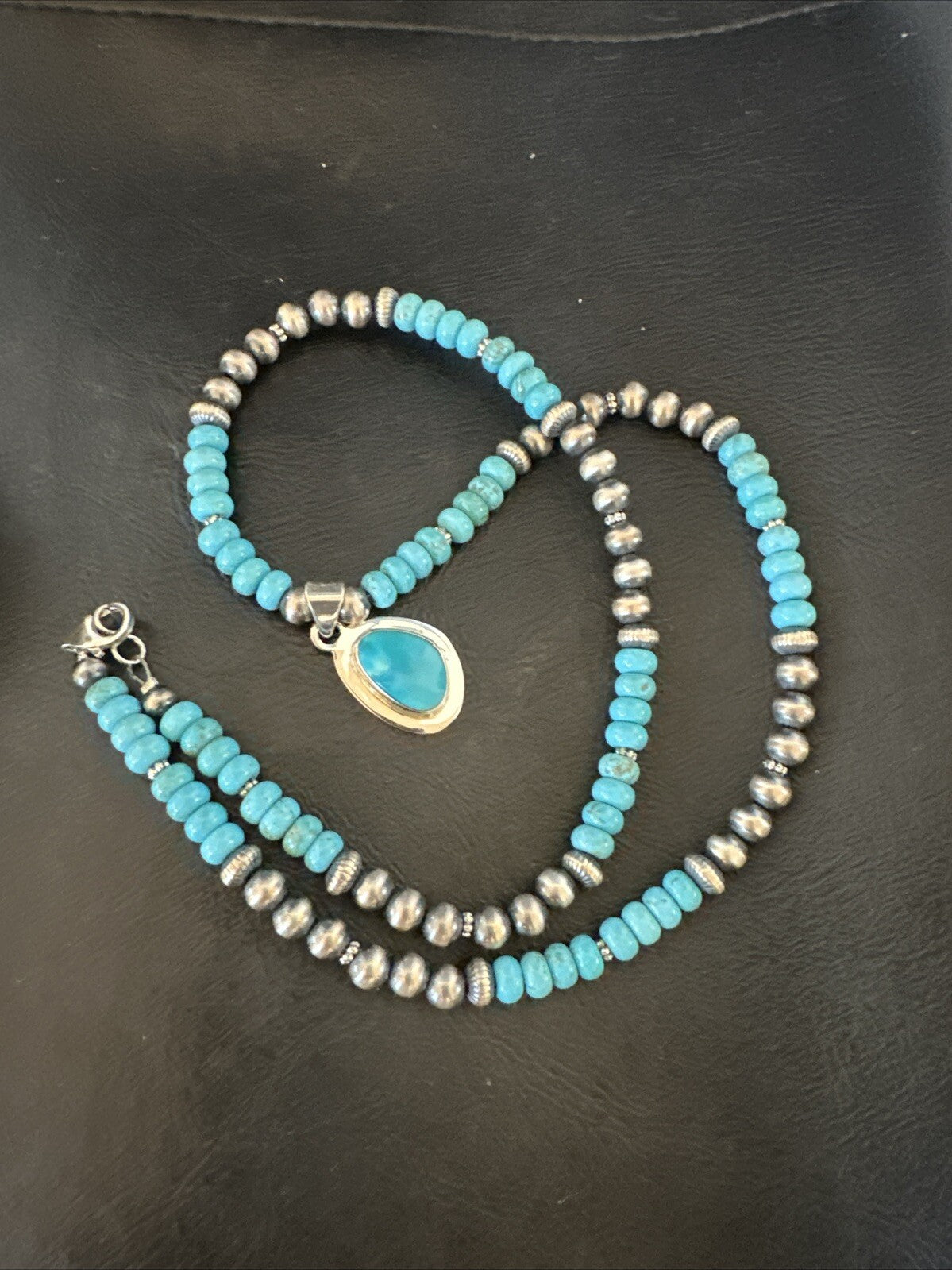 Mens Blue Kingman Turquoise Pendant Navajo Sterling Silver Necklace 21" 18382
