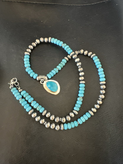 Mens Blue Kingman Turquoise Pendant Navajo Sterling Silver Necklace 21" 18382