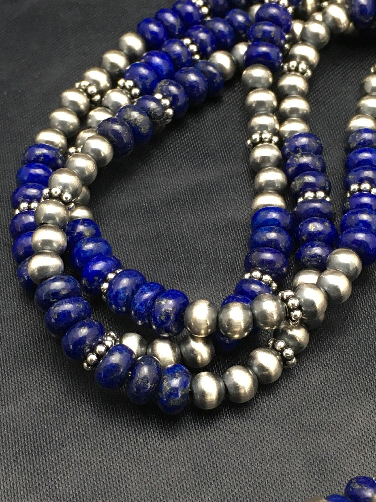 Blue Lapis Lazuli 3 Strands Navajo Sterling Silver Beads Necklace 02926