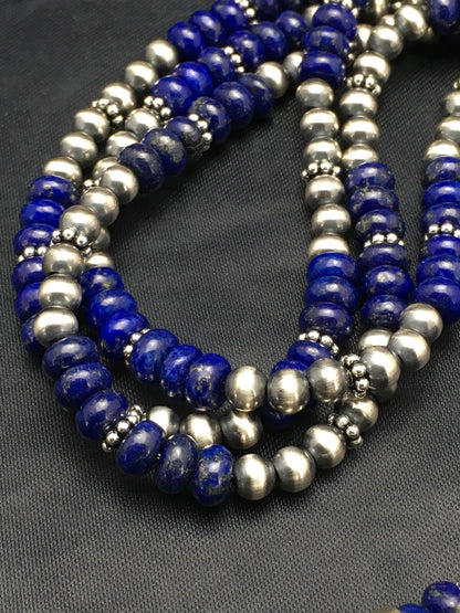 Blue Lapis Lazuli 3 Strands Navajo Sterling Silver Beads Necklace 02926