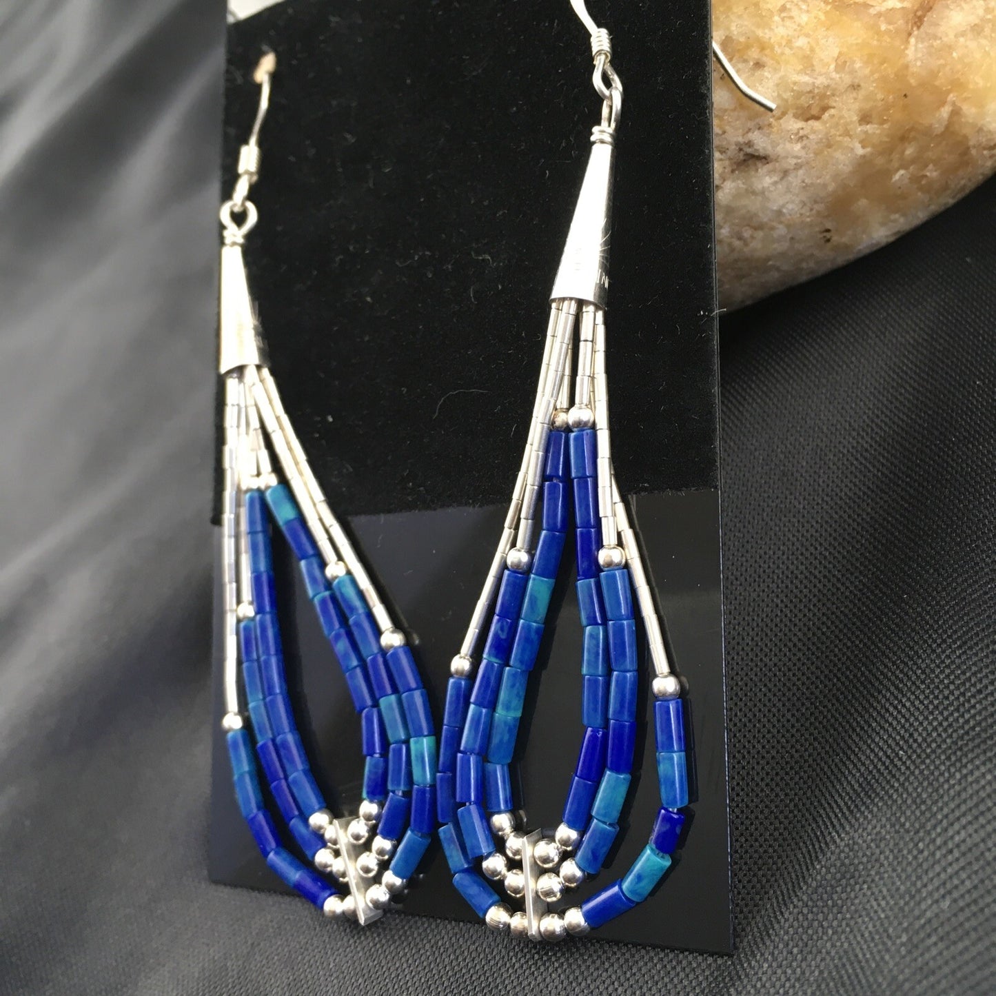 Blue Lapis 3 Strand Heishi Liquid Sterling Silver Dangle Earrings 2013