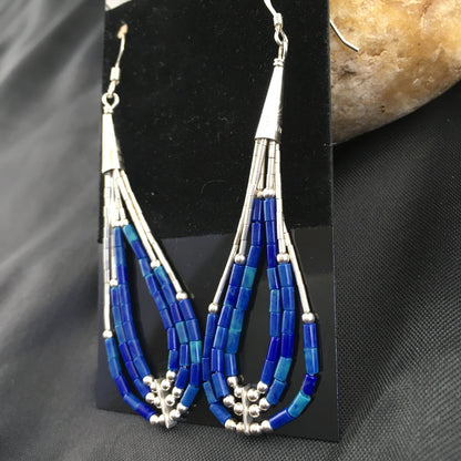 Blue Lapis 3 Strand Heishi Liquid Sterling Silver Dangle Earrings 2013