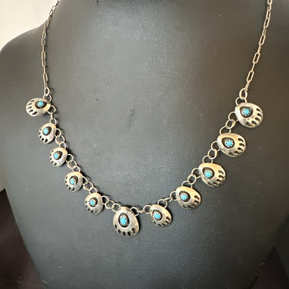 Blue Turquoise Navajo Sterling Silver Bear Paw ShadowBox Necklace 17" 19745