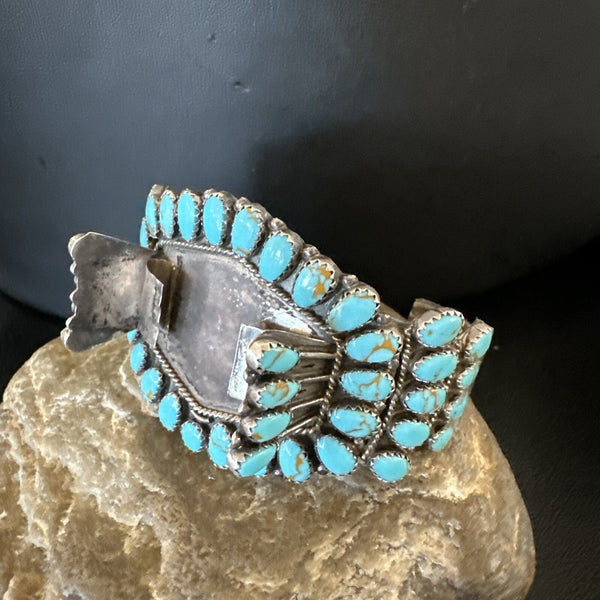 Men Blue Turquoise Navajo Watch Cuff Bracelet | Sterling Silver | Authentic Native American Handmade | 18160