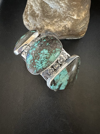 Mens Blue Spiderweb Turquoise Navajo Sterling Silver Cuff Bracelet 7.25" 19435