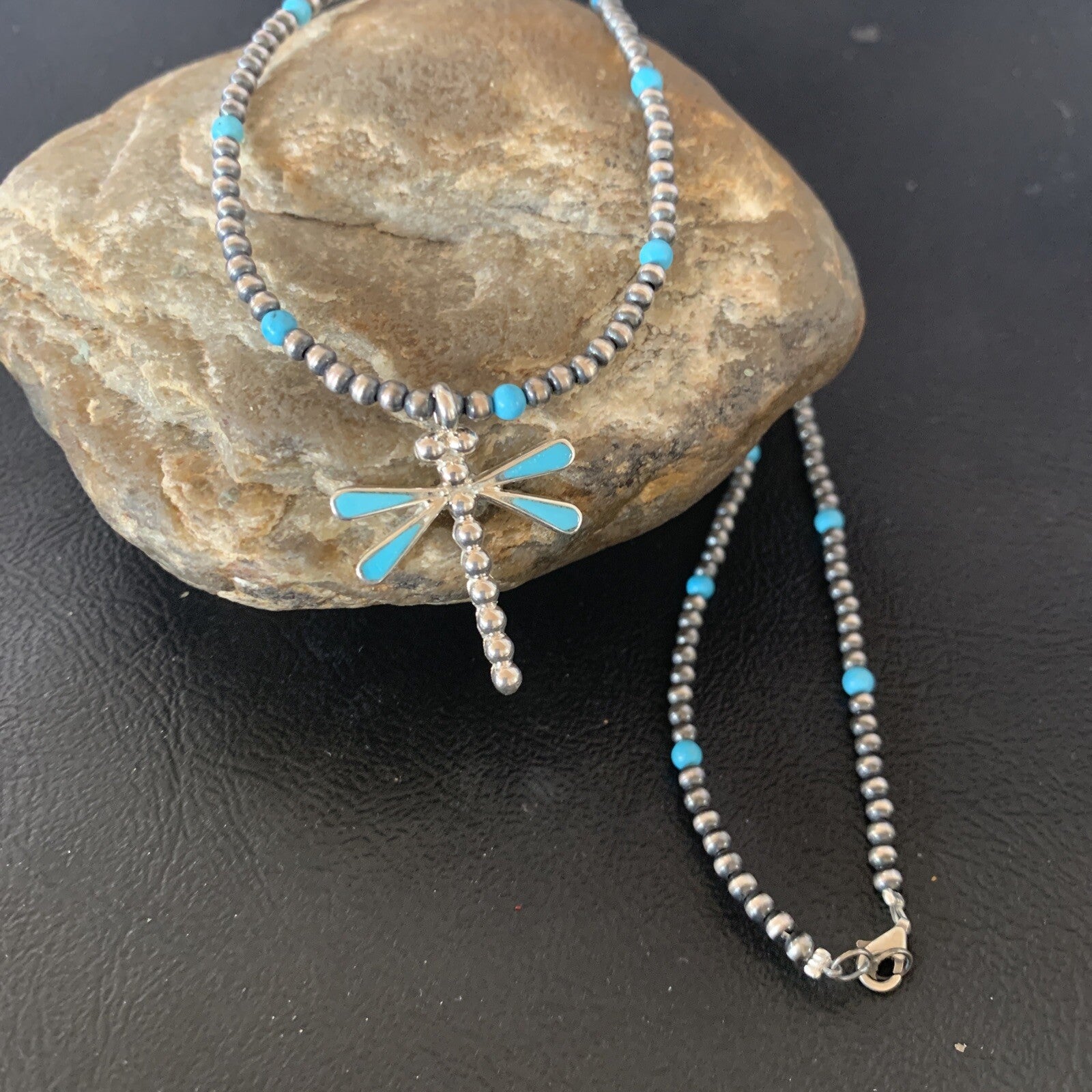 Blue Turquoise Dragonfly Pendant Zuni Sterling Silver Necklace 12058