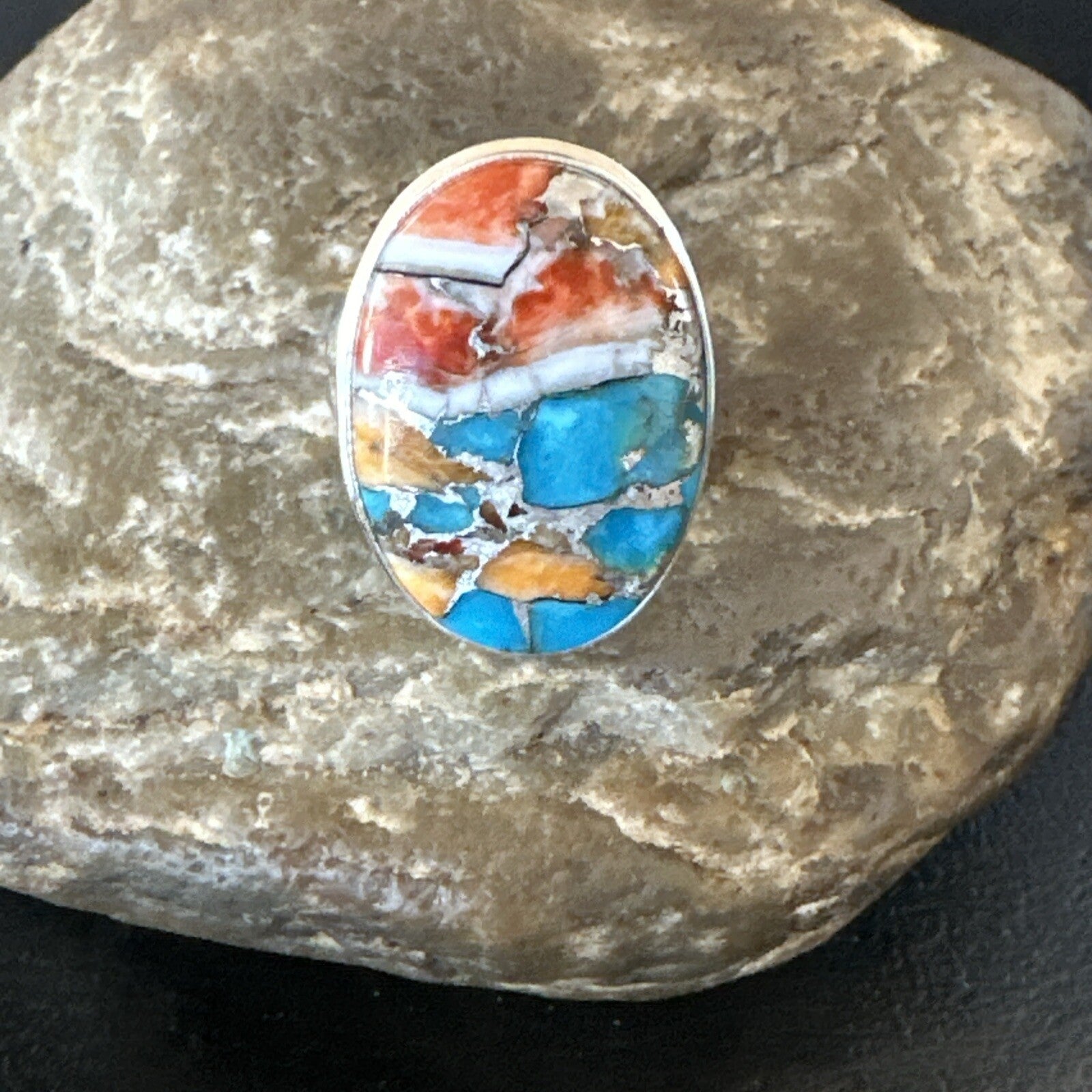 Blue Turquoise Spiny Oyster Southwestern Sterling Silver Ring Size 9 18461