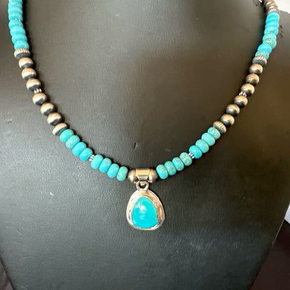 Mens Blue Kingman Turquoise Pendant Navajo Sterling Silver Necklace 21" 18107