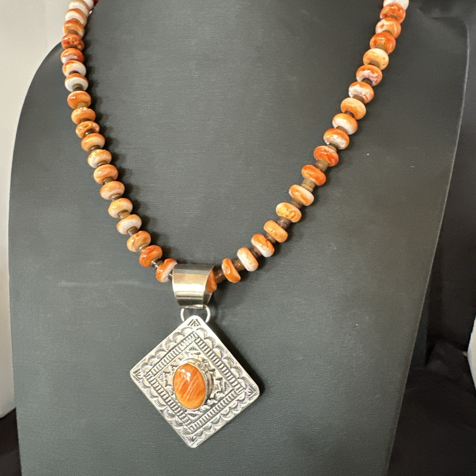 H Joe Orange Spiny Oyster Pendant Navajo Sterling Silver Necklace 19481