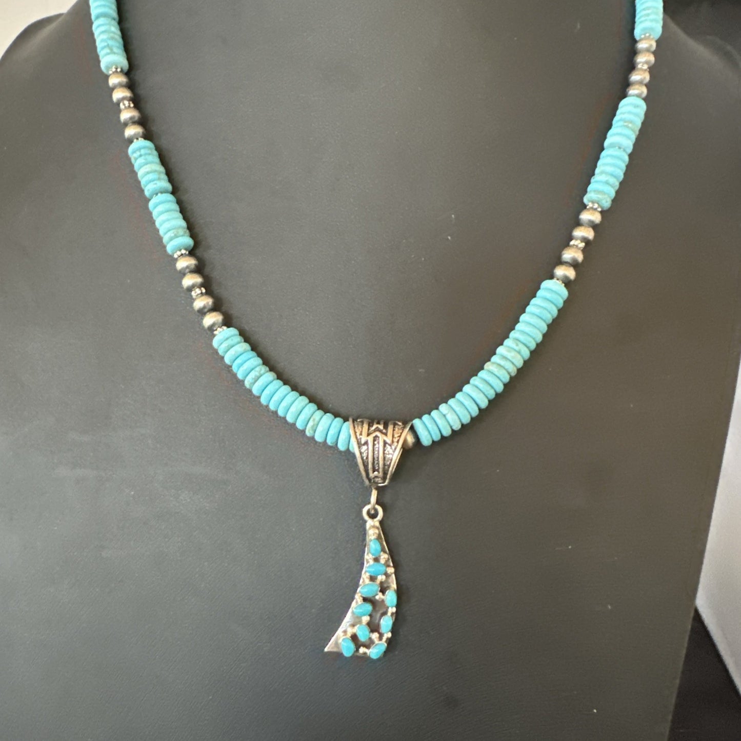 Blue Turquoise Cluster Pendant Navajo Sterling Silver Necklace 20" 19715
