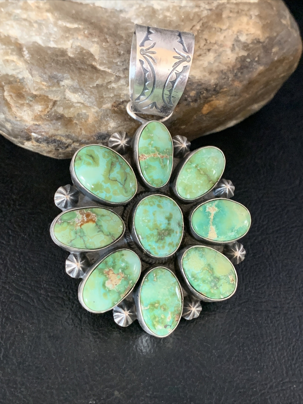 Green Sonoran Gold Turquoise Navajo Sterling Silver Cluster Pendant 14070