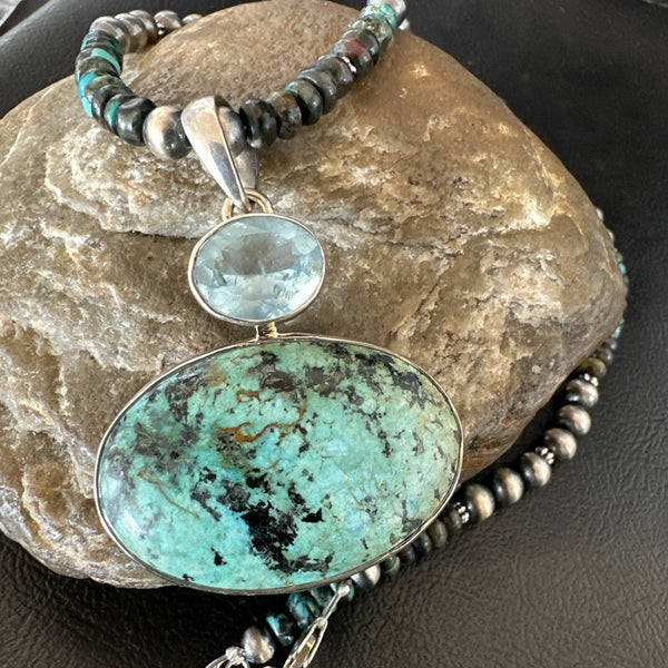 Men's Blue Spiderweb Turquoise Pendant Navajo Necklace | Sterling Silver | Authentic Native American Handmade | 18068