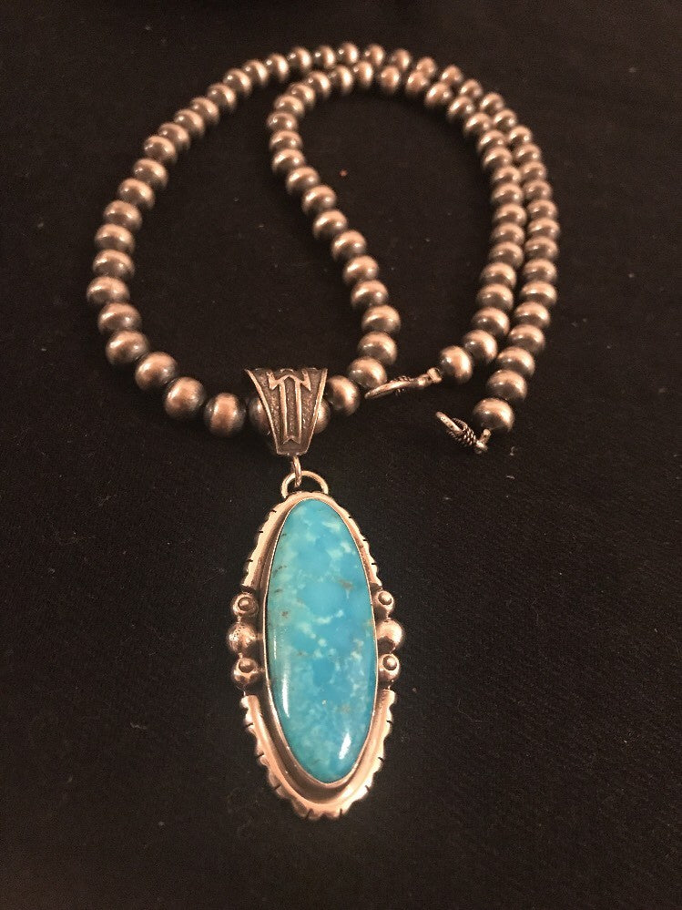 Yazzie Blue Turquoise 2.5" Pendant Navajo Pearls Sterling Silver Necklace 3232