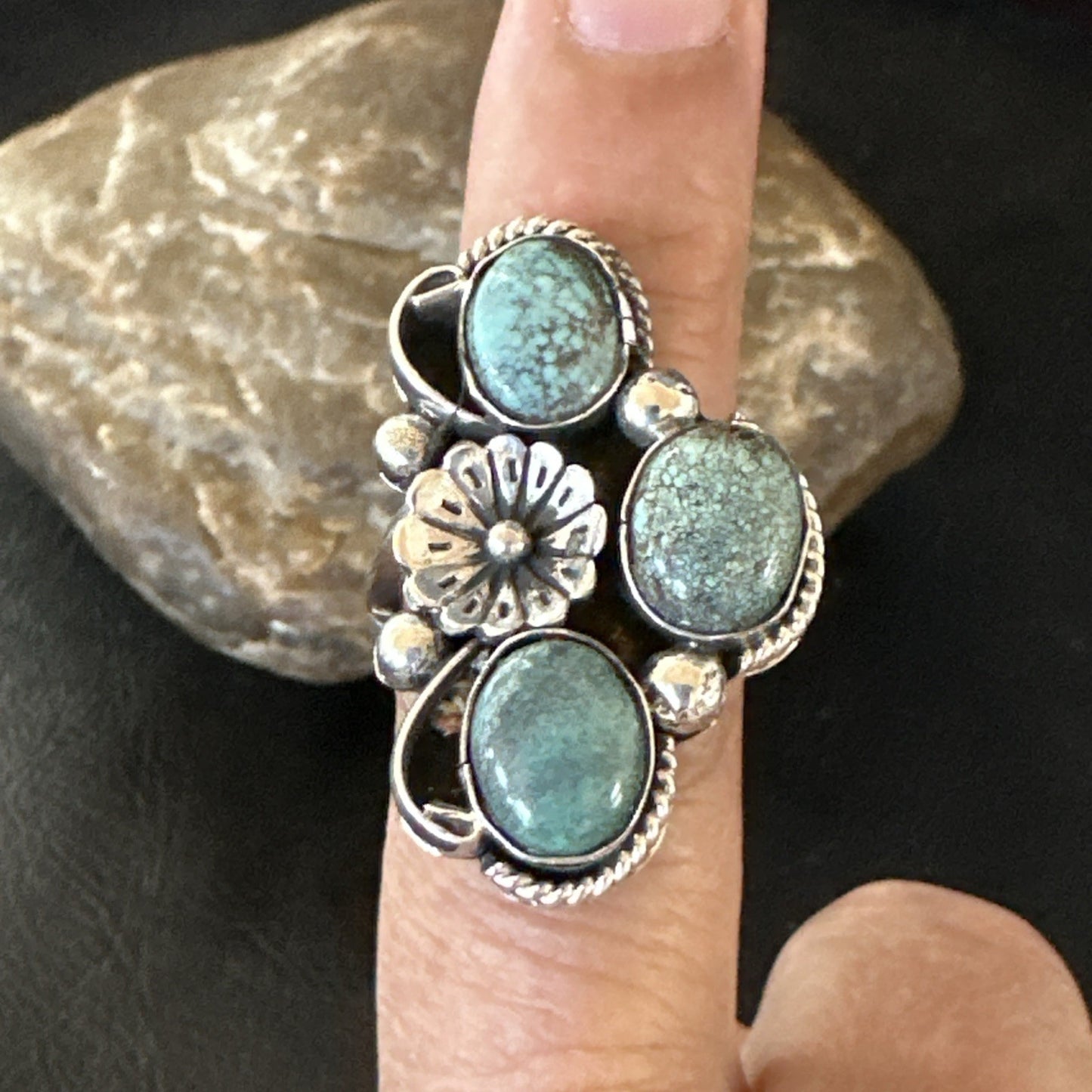 Yazzie Ring Blue Turquoise Navajo Sterling Silver Cluster Size 8 19239