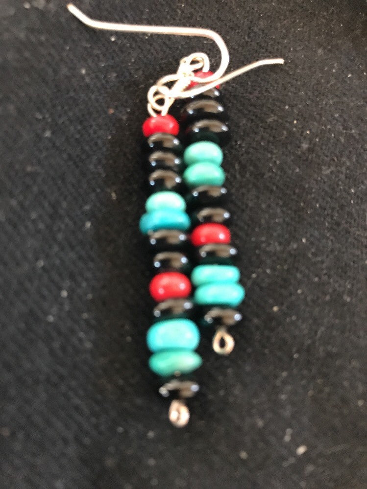 Navajo Sterling Silver Turquoise Black Onyx Coral Earrings 08334