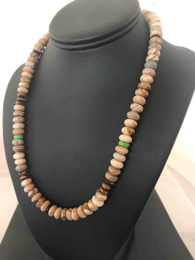Turquoise Picture Jasper 10 mm Beads Mens Navajo Sterling Silver Necklace 03369