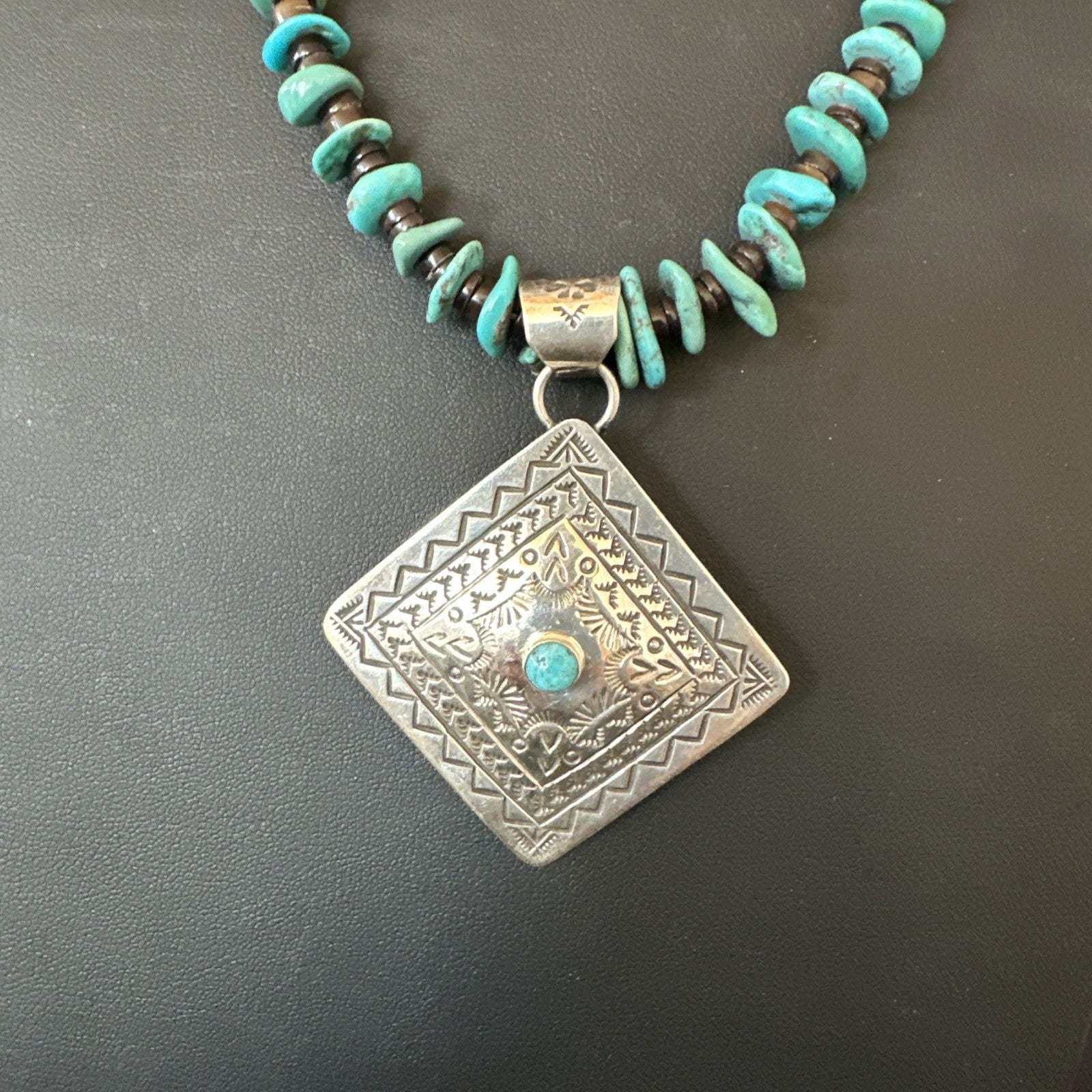 Navajo Blue Turquoise Stamped Pendant Shell Sterling Silver 25” Necklace 19706