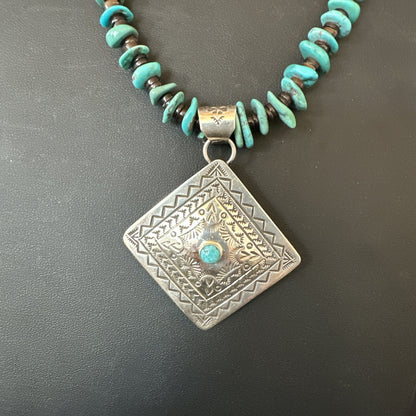 Navajo Blue Turquoise Stamped Pendant Shell Sterling Silver 25” Necklace 19706