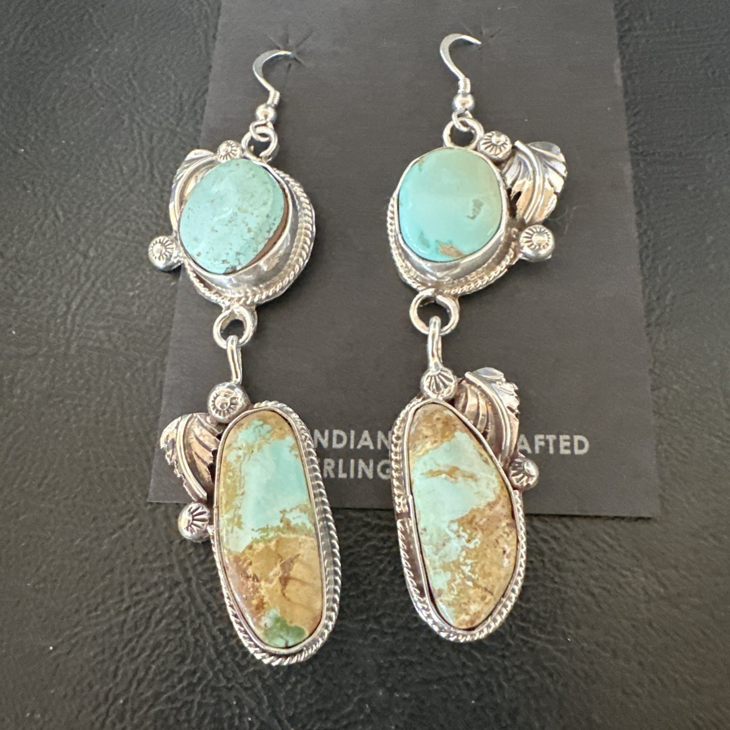 Green Royston Turquoise Navajo Sterling Silver Dangle Earrings 19601