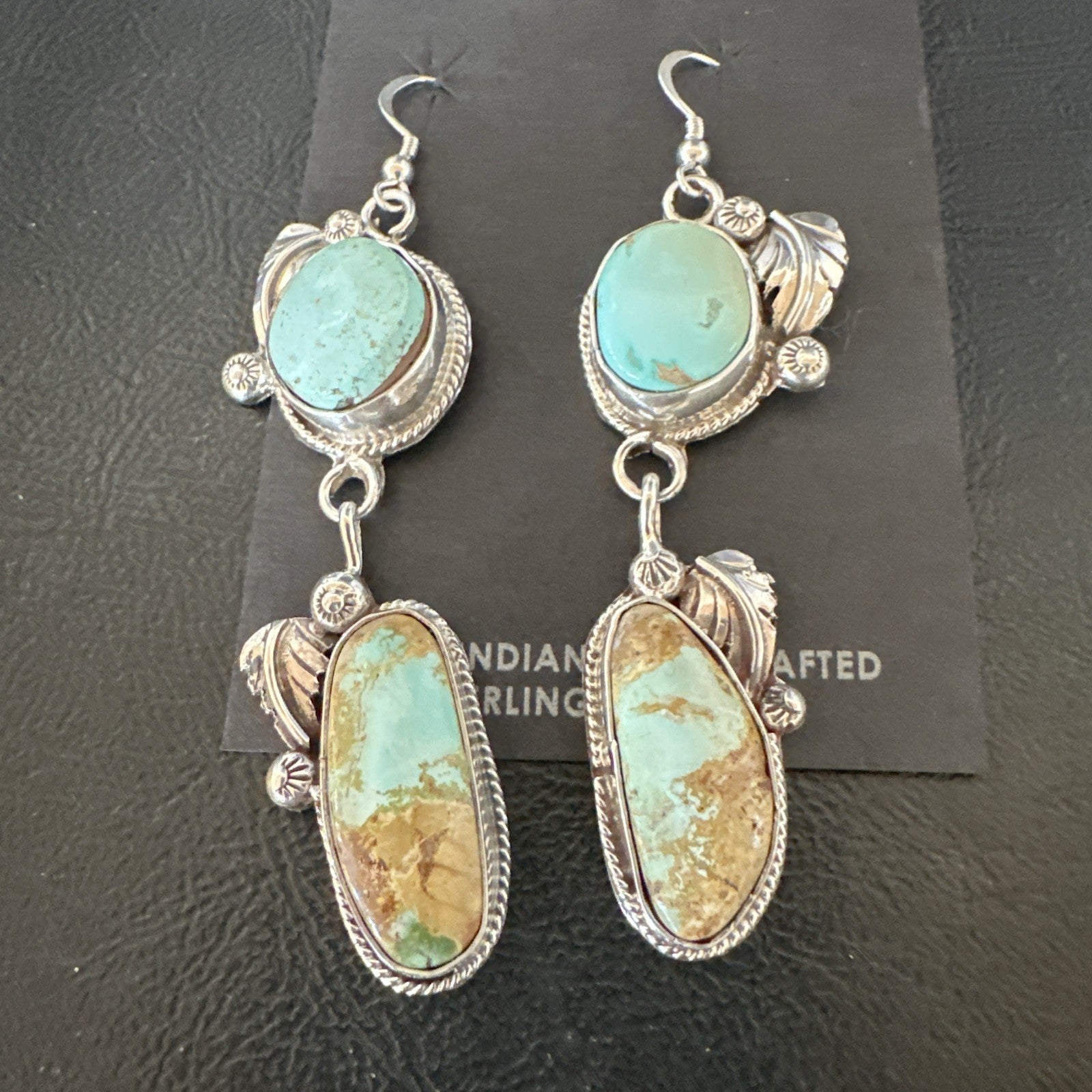 Green Royston Turquoise Navajo Sterling Silver Dangle Earrings 19601