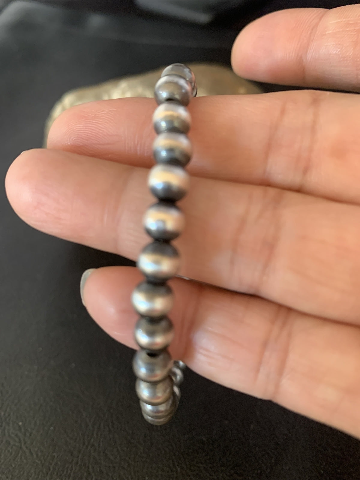 Navajo 6mm Beads Stretchable Sterling Silver Bracelet 7” 14184