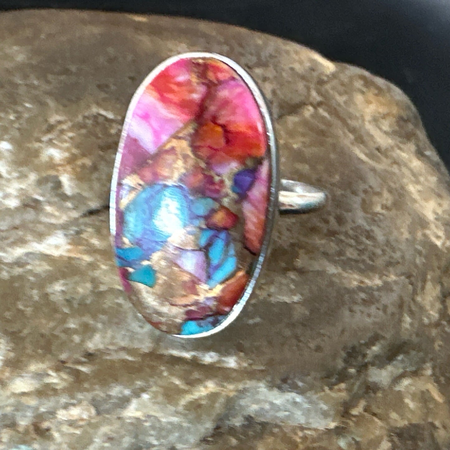 Blue Turquoise Spiny Oyster Southwestern Sterling Silver Ring Size 11 18451