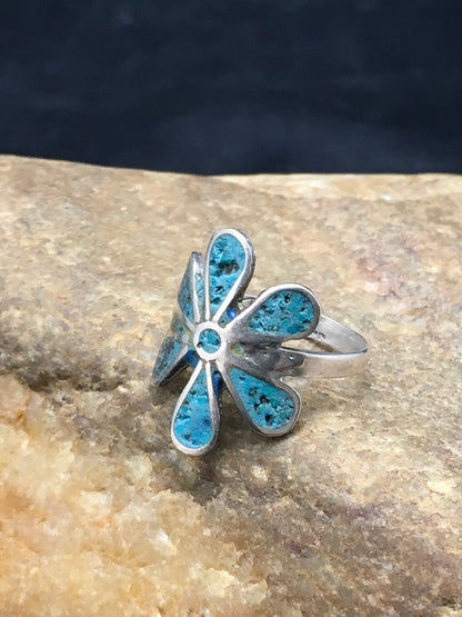 Navajo Blue Turquoise Flower Ring Sterling Silver 6.75 03076
