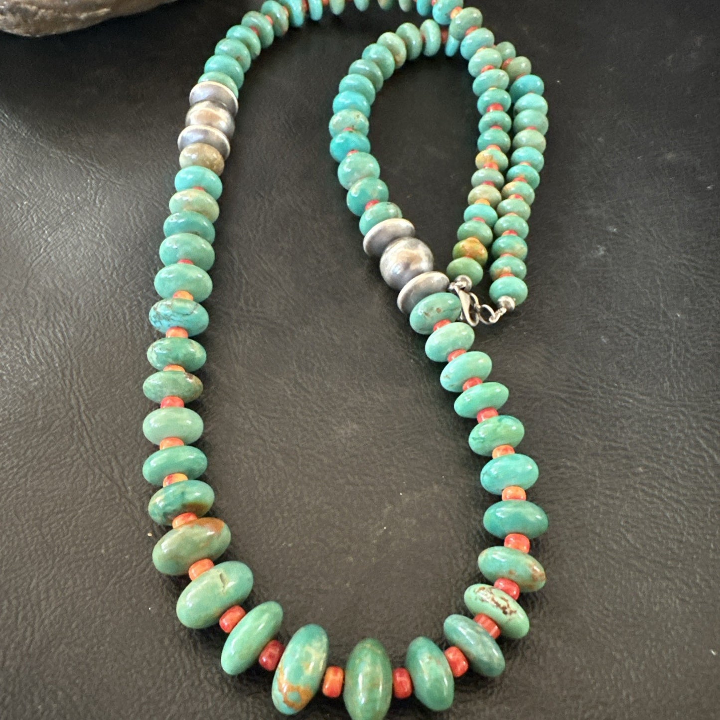 Green Turquoise Spiny Navajo Pearls Sterling Silver Necklace 26” 19682