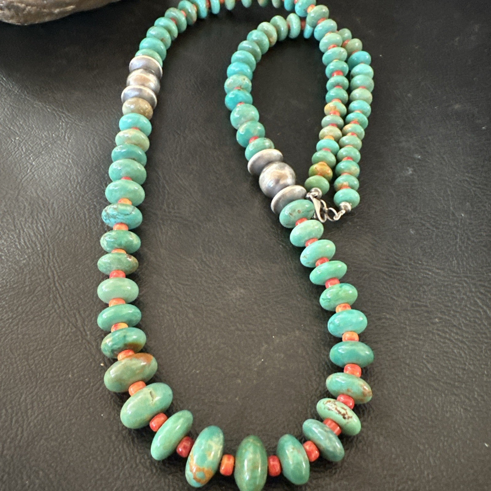 Green Turquoise Spiny Navajo Pearls Sterling Silver Necklace 26” 19682