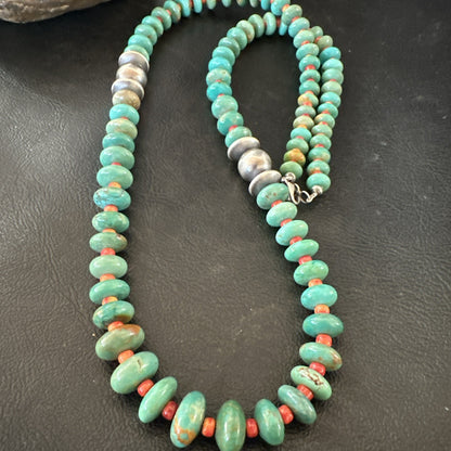 Green Turquoise Spiny Navajo Pearls Sterling Silver Necklace 26” 19682