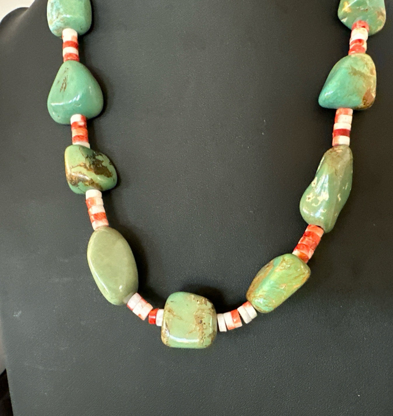 Navajo Green Turquoise Red Spiny Oyster Necklace Sterling 23" 19717