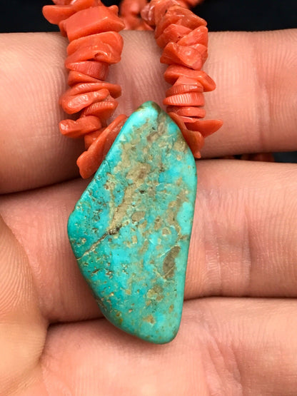Native American Turquoise Pendant Coral Brass Old Pawn Necklace 19" 04006