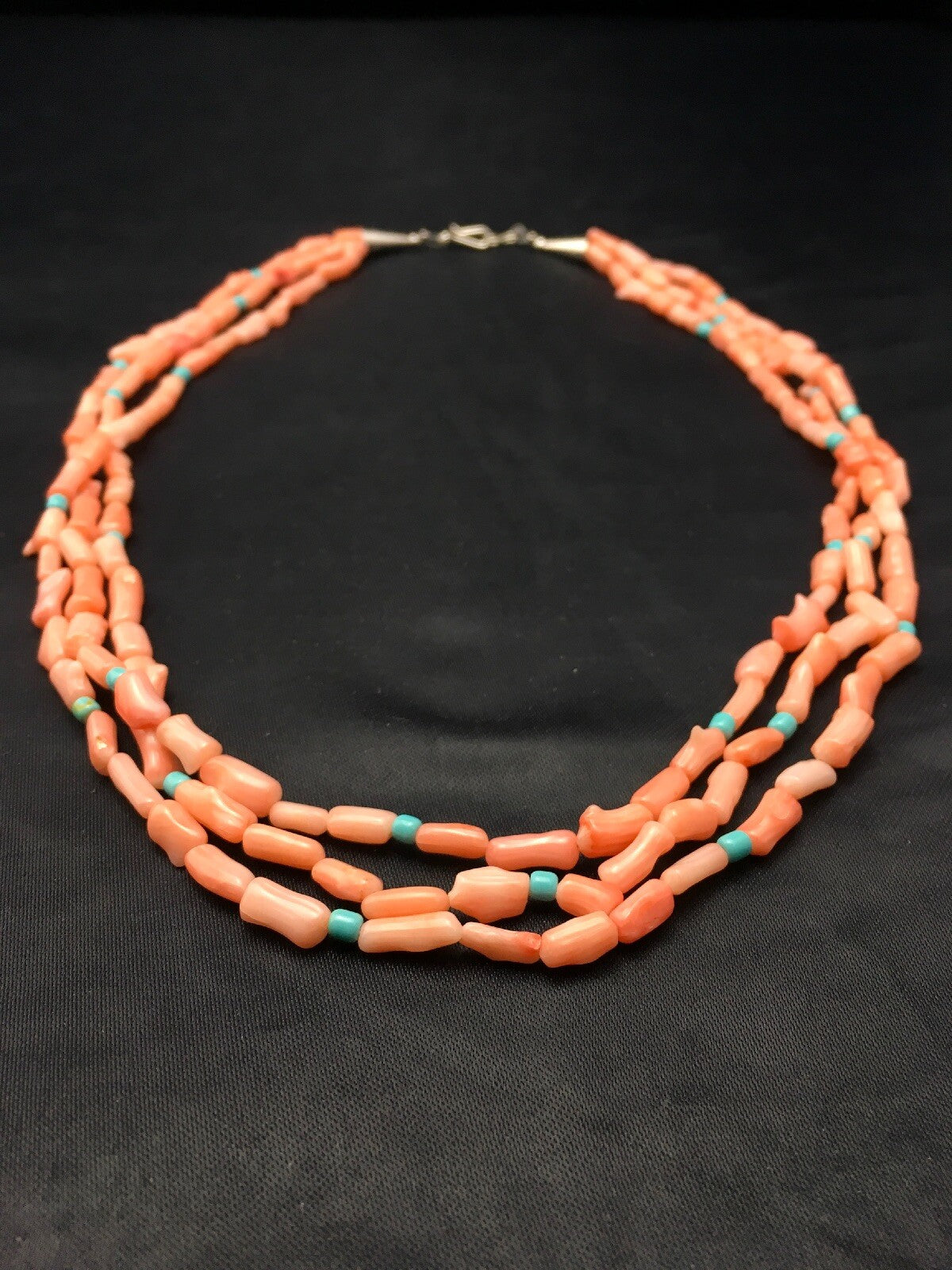 Turquoise & Pink Coral Southwestern Sterling Silver 3 Strand Necklace 04389