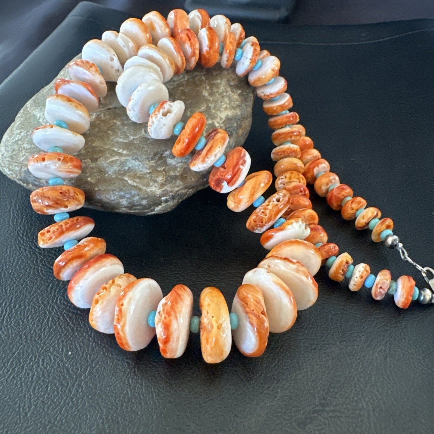 Orange Spiny Oyster Blue Turquoise Navajo Sterling Silver Necklace 25" 18089