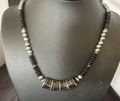 Mens Womens Black Onyx Pendant Navajo Sterling Silver Beads Necklace 18330