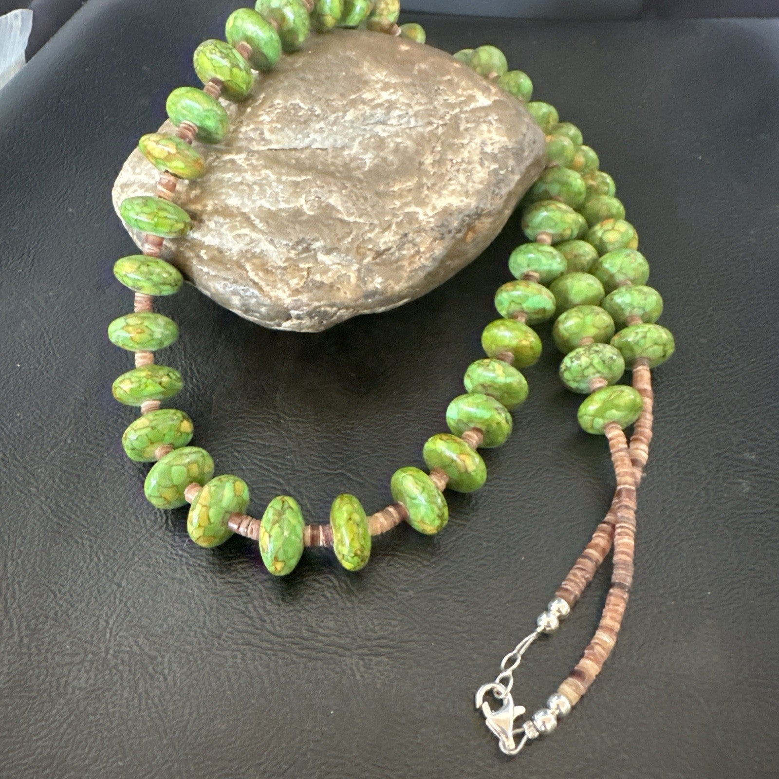 Green Mohave Turquoise Shell Santo Domingo Sterling Silver Necklace 32”19661