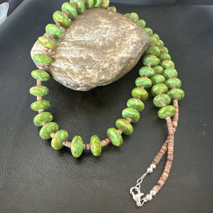 Green Mohave Turquoise Shell Santo Domingo Sterling Silver Necklace 32”19661