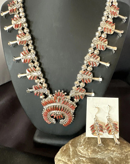 ZUNI Coral Sterling Silver Squash Blossom Needlepoint Necklace Earrings 19277