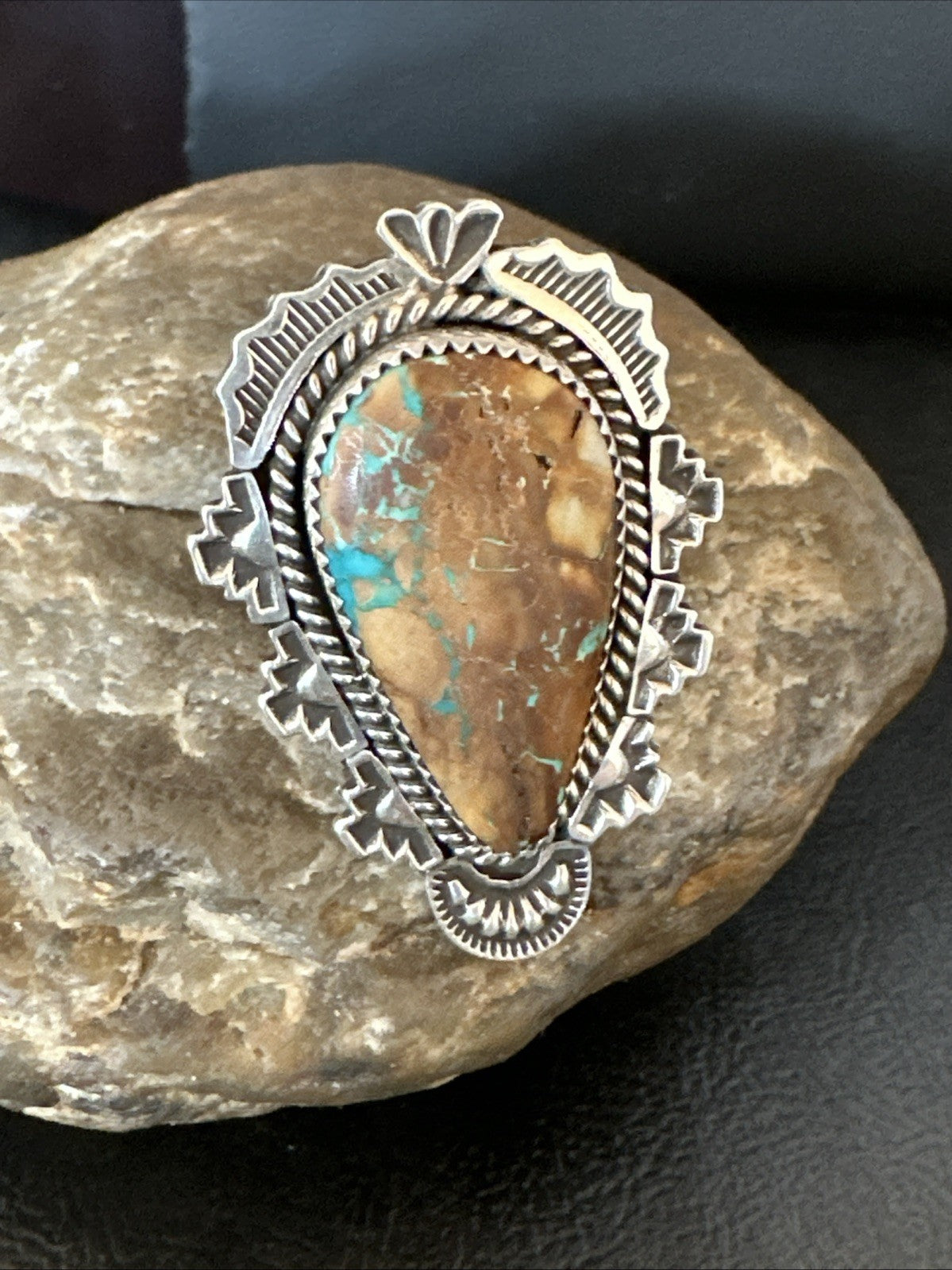 Navajo Sterling Silver Ribbon Boulder Green Turquoise Ring Size 11.5 19614