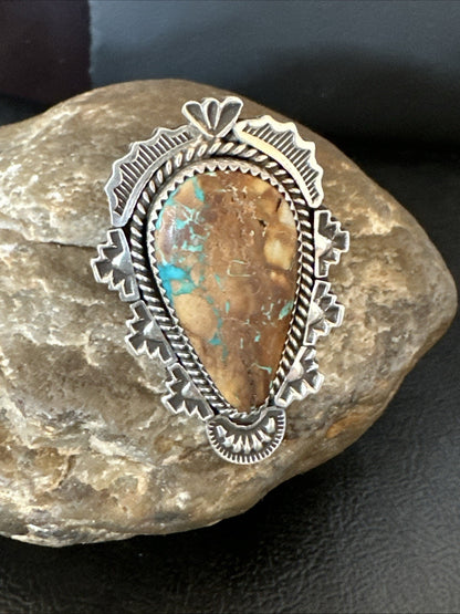 Navajo Sterling Silver Ribbon Boulder Green Turquoise Ring Size 11.5 19614