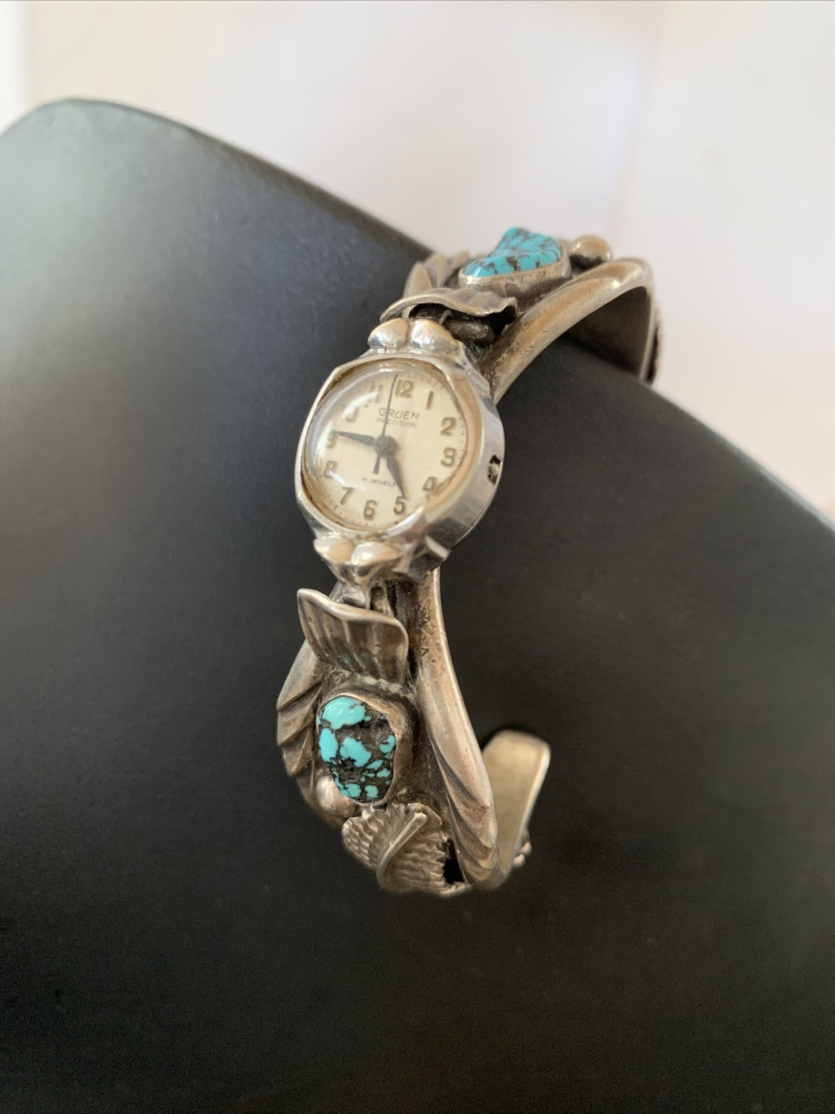 Blue Kingman Turquoise Inlay Navajo Sterling Silver Old Pawn Watch Tips 01442