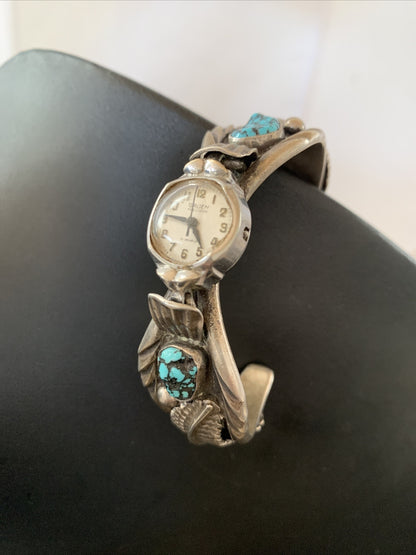 Blue Kingman Turquoise Inlay Navajo Sterling Silver Old Pawn Watch Tips 01442