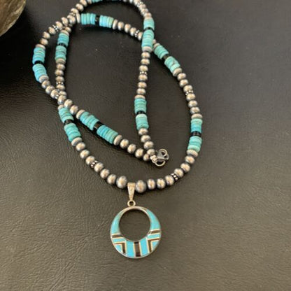 Blue Turquoise Inlay Pendant Navajo Pearls Sterling Silver Necklace 12615