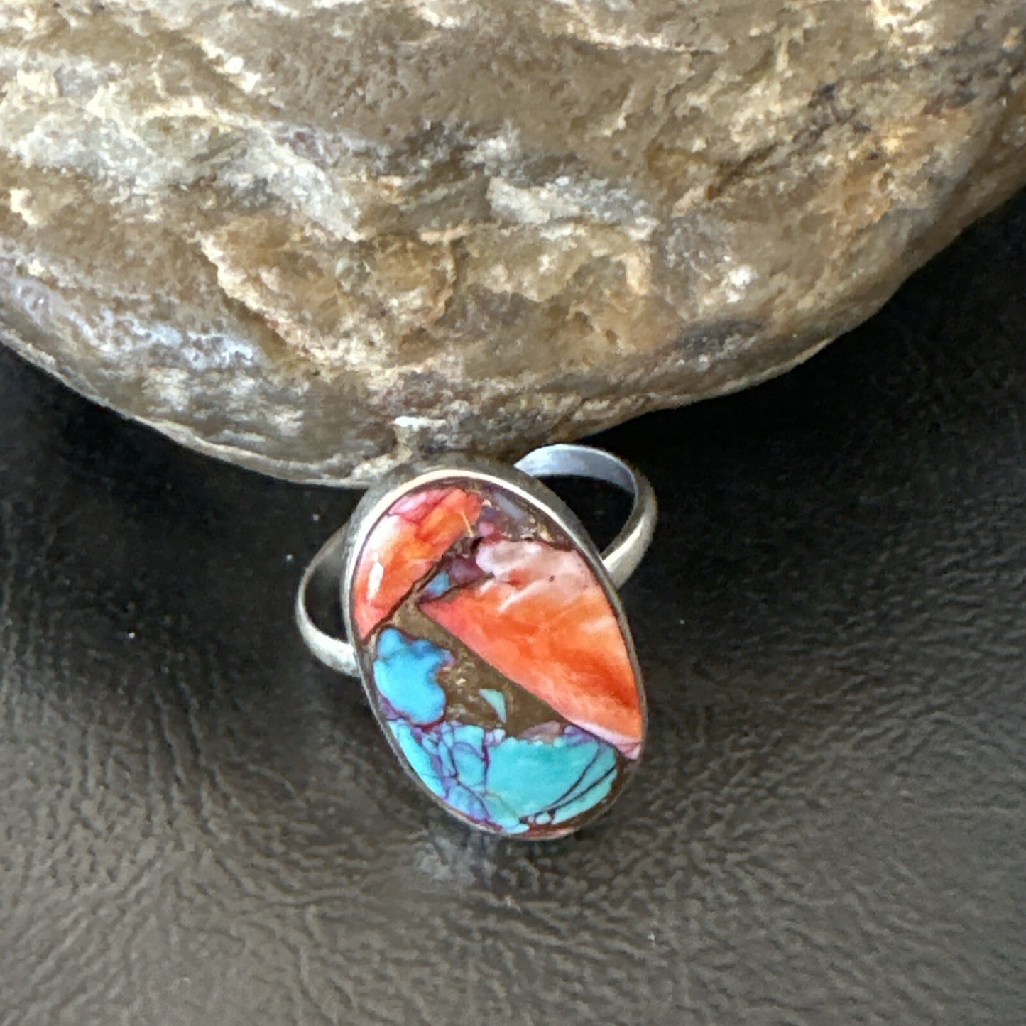 Blue Turquoise Spiny Oyster Southwestern Sterling Silver Ring Size 11 18457