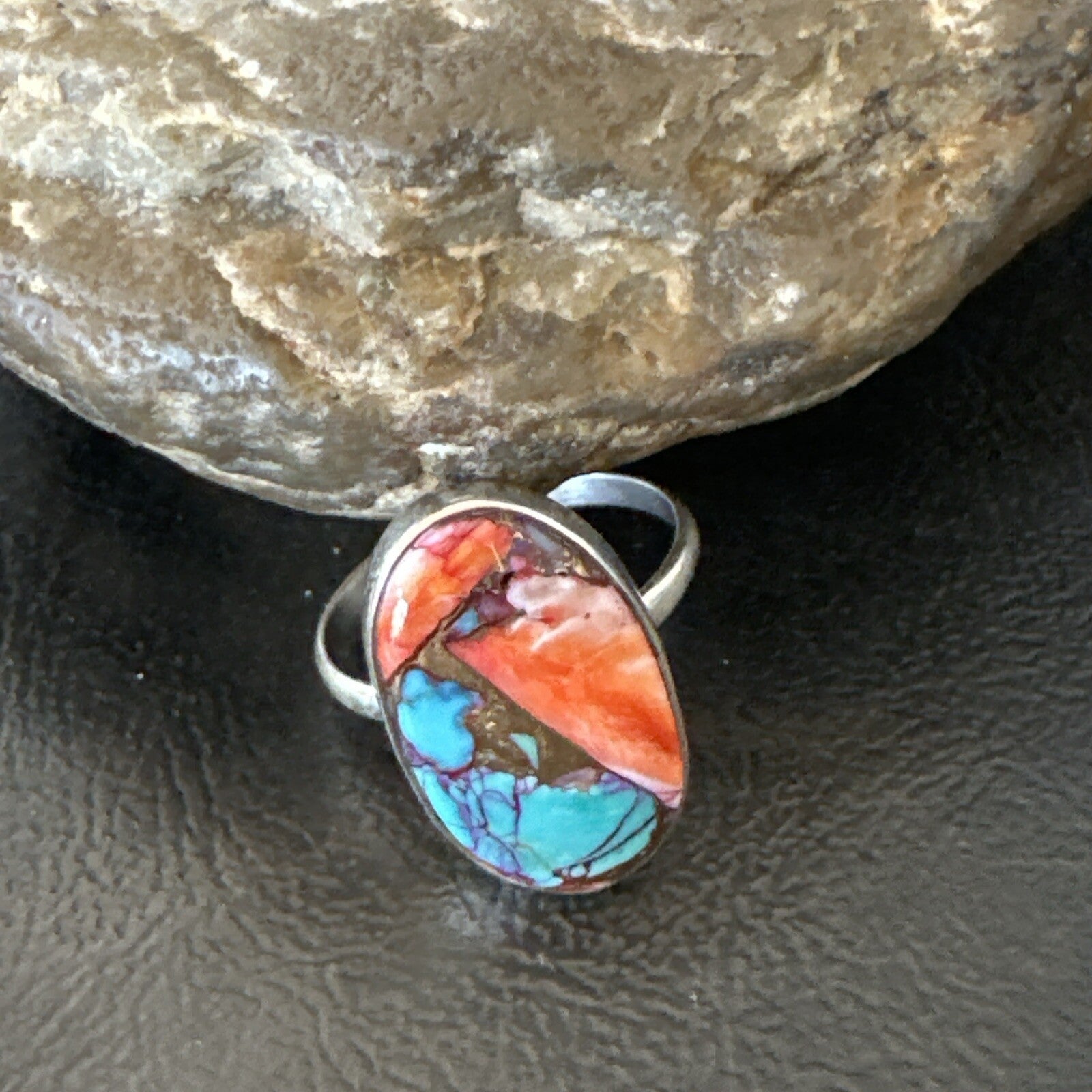 Blue Turquoise Spiny Oyster Southwestern Sterling Silver Ring Size 11 18457