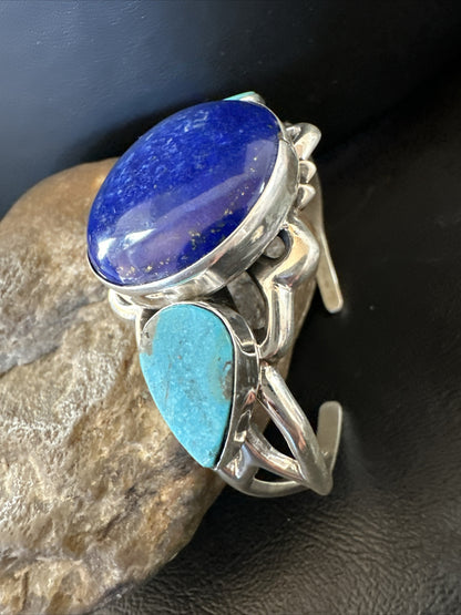 Kingman Turquoise Lapis Navajo Sterling Silver Tufa Cast Cuff Bracelet 17984