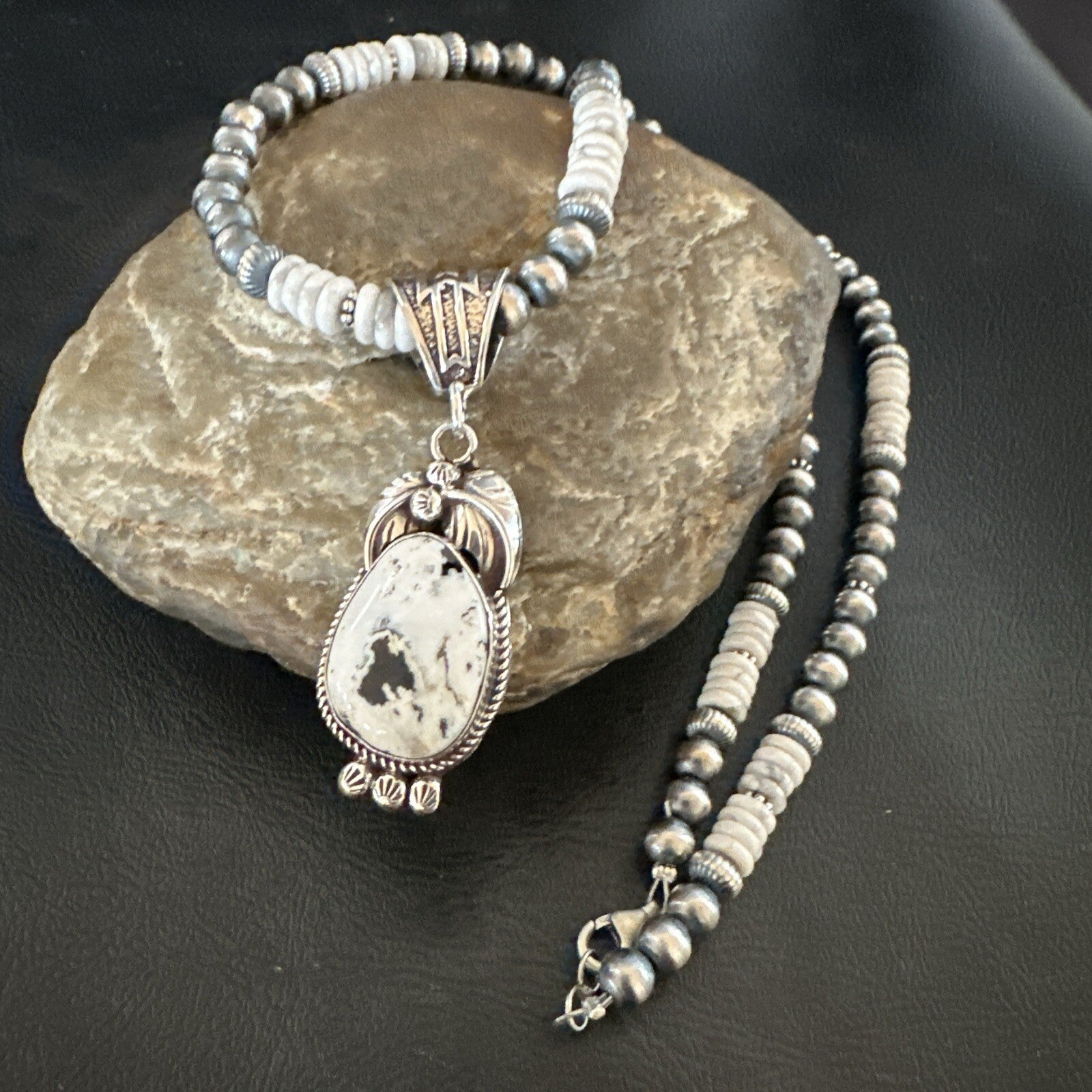 Men Women White Buffalo Turquoise Pendant Navajo Sterling Silver Necklace 17718