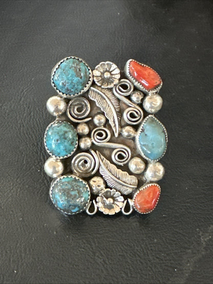 Navajo Blue Turquoise Coral Ring Multi-Stone Cluster Sz 10.5 19779