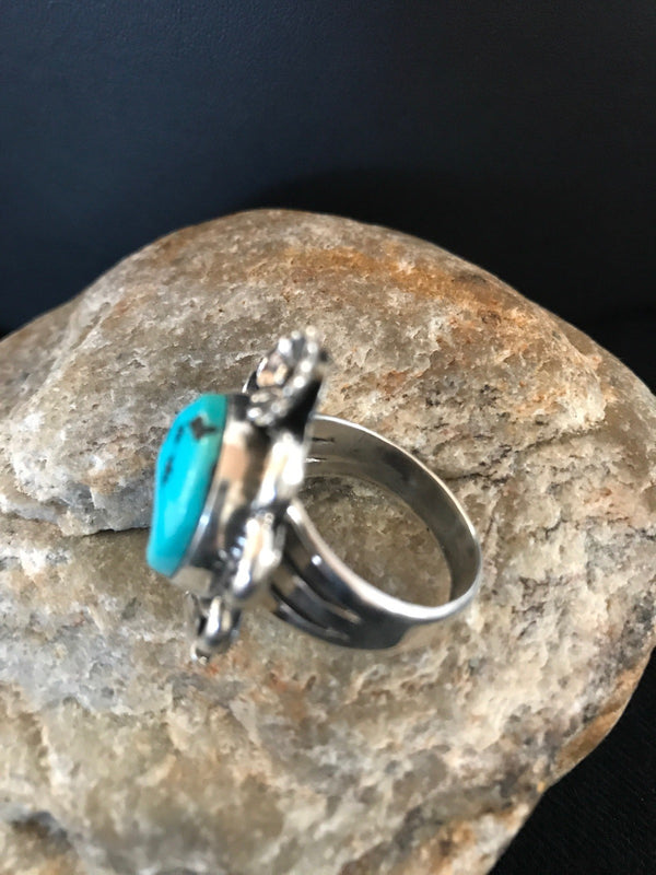 Kingman Turquoise Navajo Ring Size 9 | Sterling Silver | Authentic Native American Handmade | 08240